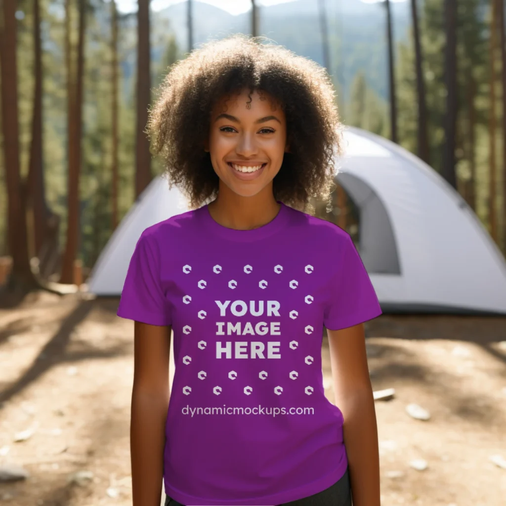 Woman Wearing Purple T-shirt Mockup Front View Template