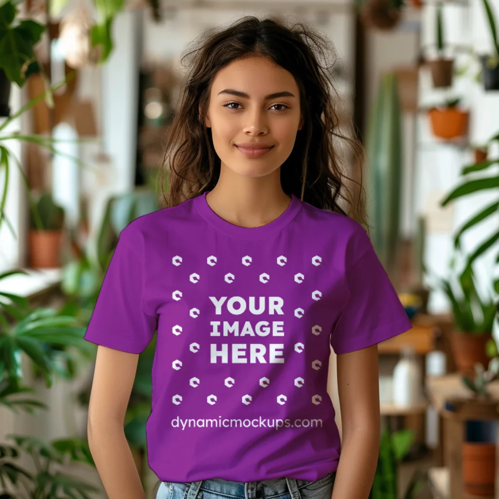 Woman Wearing Purple T-shirt Mockup Front View Template