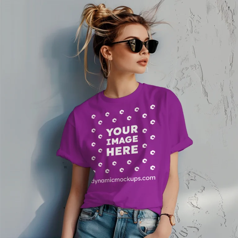 Woman Wearing Purple T-shirt Mockup Front View Template