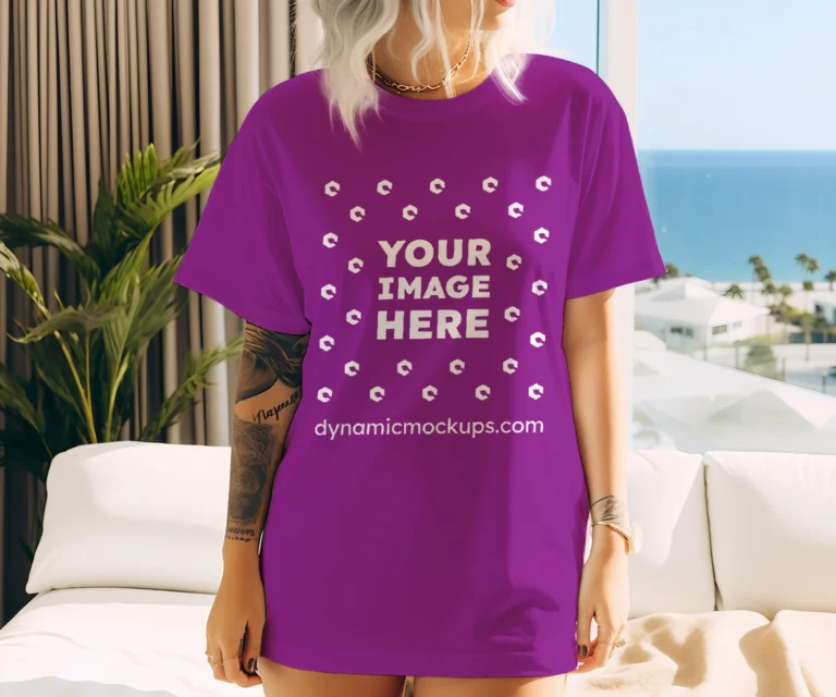 Woman Wearing Purple T-shirt Mockup Front View Template