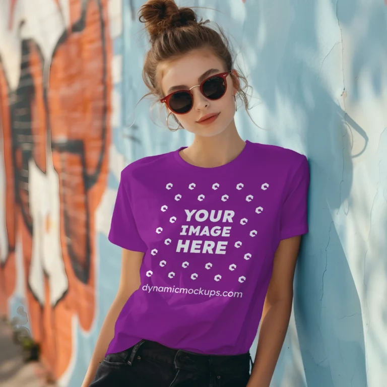 Woman Wearing Purple T-shirt Mockup Front View Template