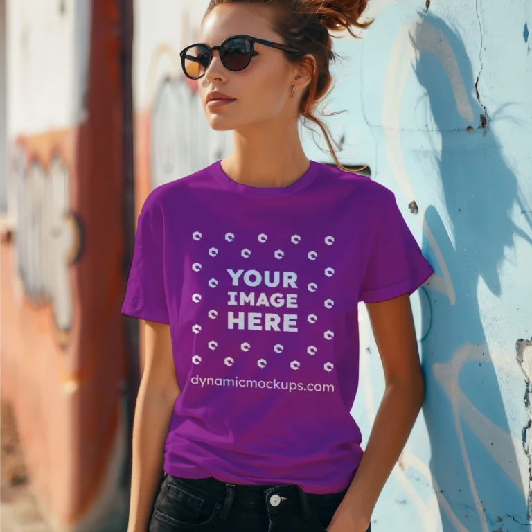 Woman Wearing Purple T-shirt Mockup Front View Template