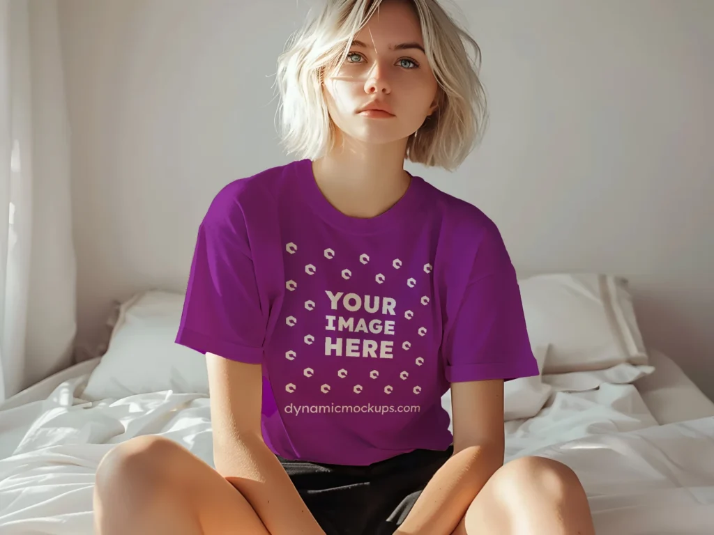 Woman Wearing Purple T-shirt Mockup Front View Template