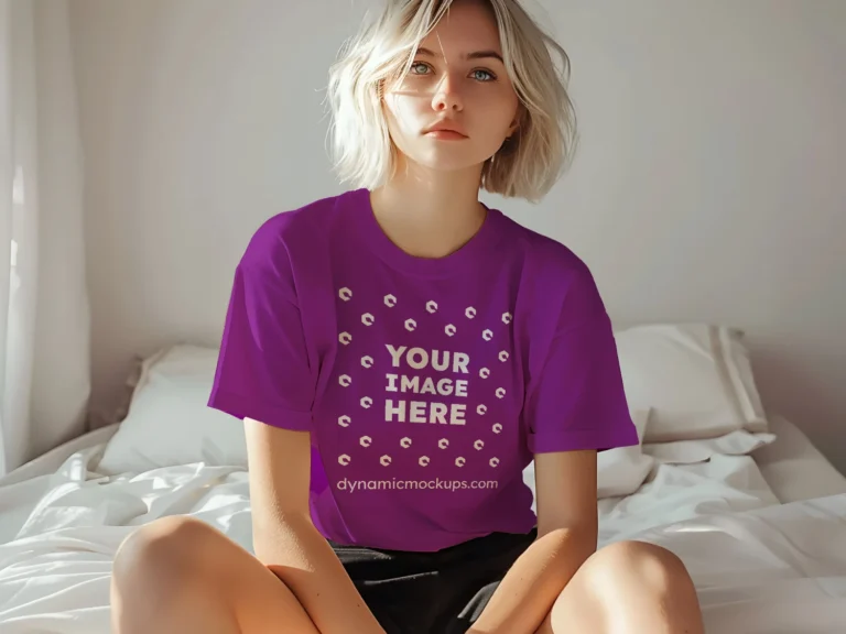 Woman Wearing Purple T-shirt Mockup Front View Template