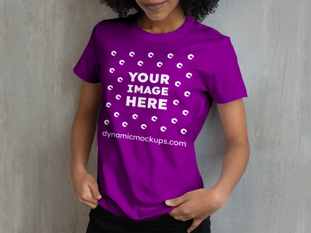 Woman Wearing Purple T-shirt Mockup Front View Template