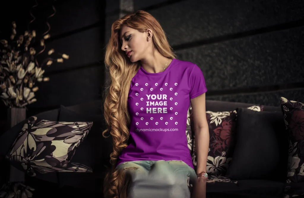 Woman Wearing Purple T-shirt Mockup Front View Template