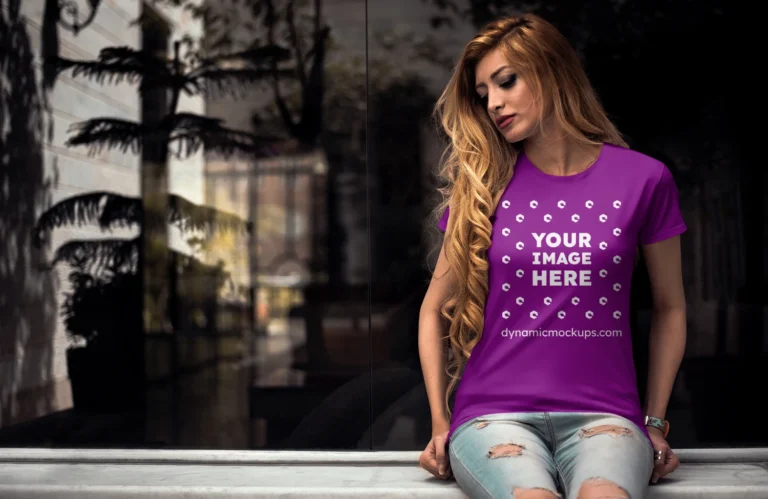 Woman Wearing Purple T-shirt Mockup Front View Template