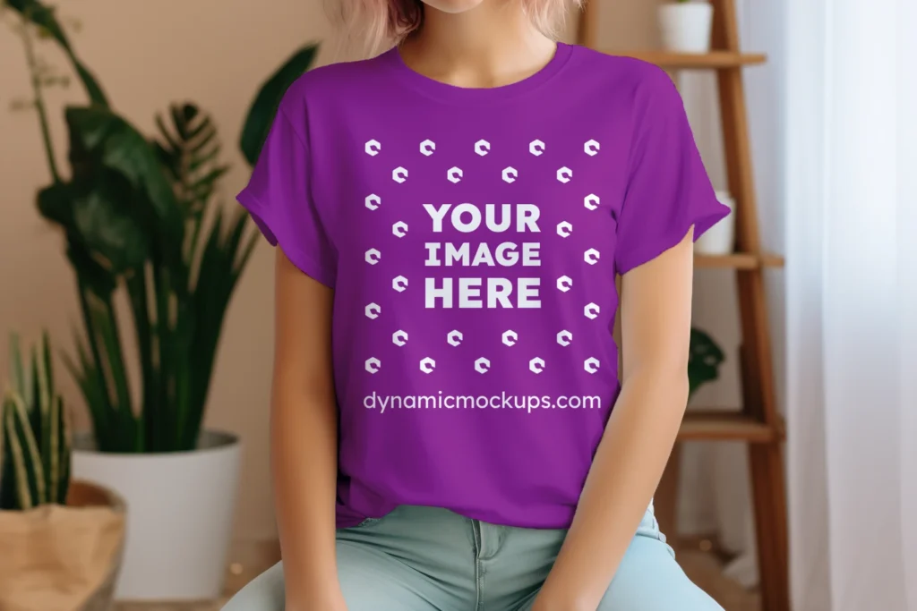 Woman Wearing Purple T-shirt Mockup Front View Template