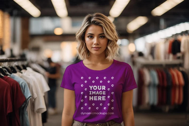 Woman Wearing Purple T-shirt Mockup Front View Template