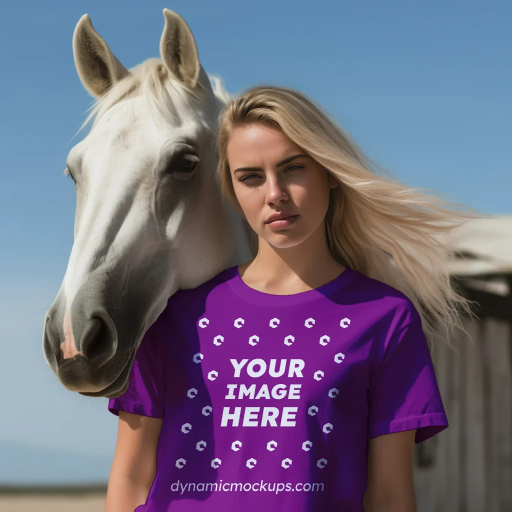 Woman Wearing Purple T-shirt Mockup Front View Template