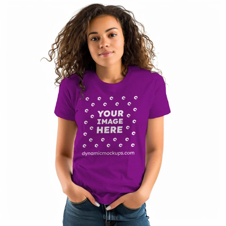 Woman Wearing Purple T-shirt Mockup Front View Template