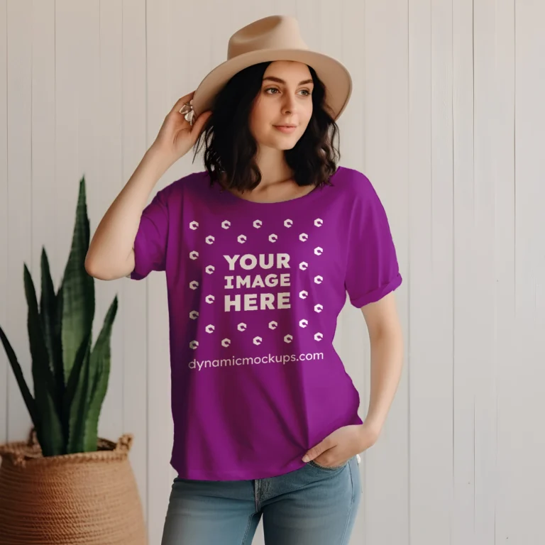 Woman Wearing Purple T-shirt Mockup Front View Template