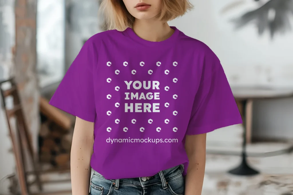 Woman Wearing Purple T-shirt Mockup Front View Template