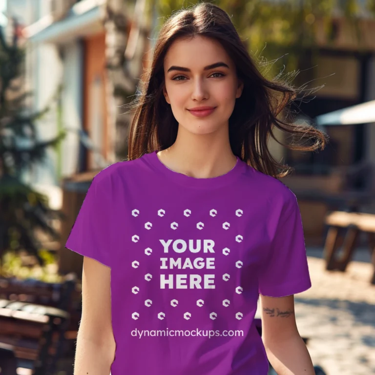 Woman Wearing Purple T-shirt Mockup Front View Template