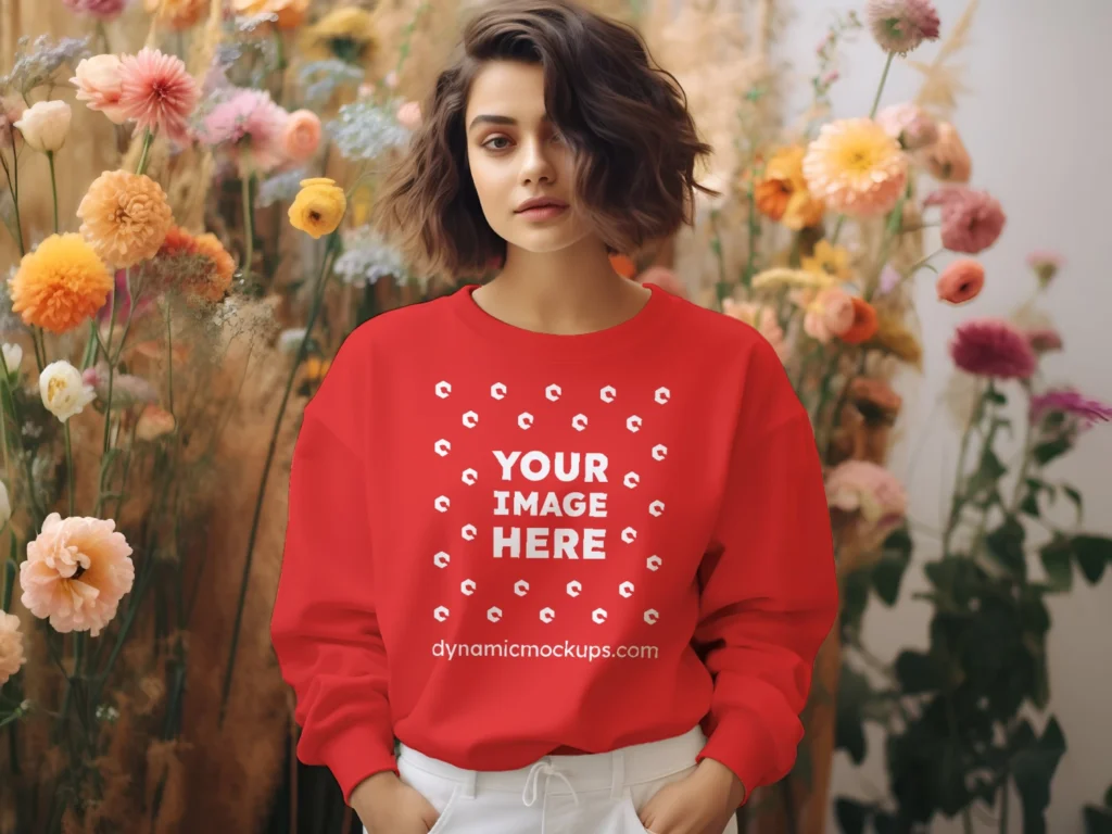 Woman Wearing Red Sweatshirt Mockup Front View Template