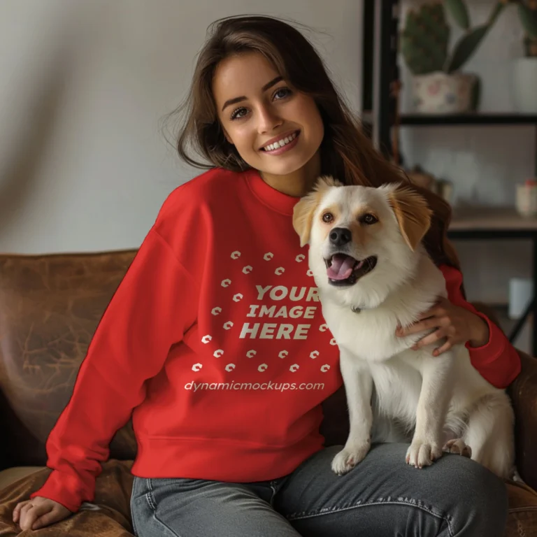 Woman Wearing Red Sweatshirt Mockup Front View Template