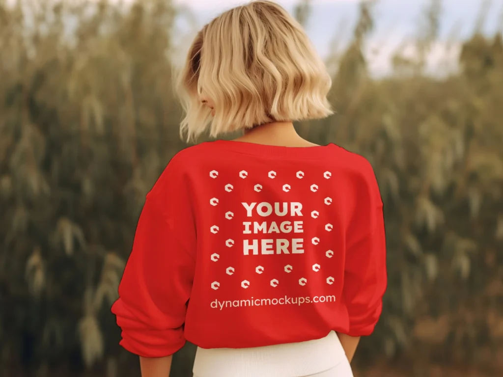 Woman Wearing Red Sweatshirt Mockup Back View Template