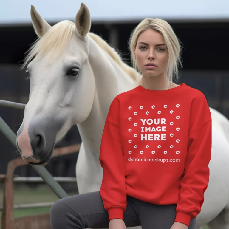 Woman Wearing Red Sweatshirt Mockup Front View Template