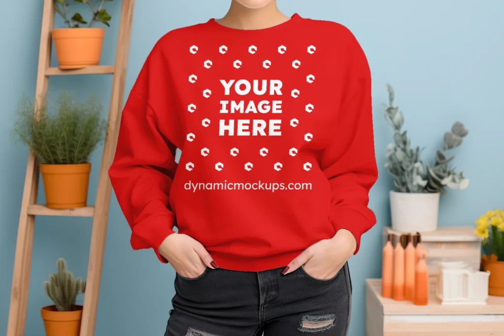 Woman Wearing Red Sweatshirt Mockup Front View Template