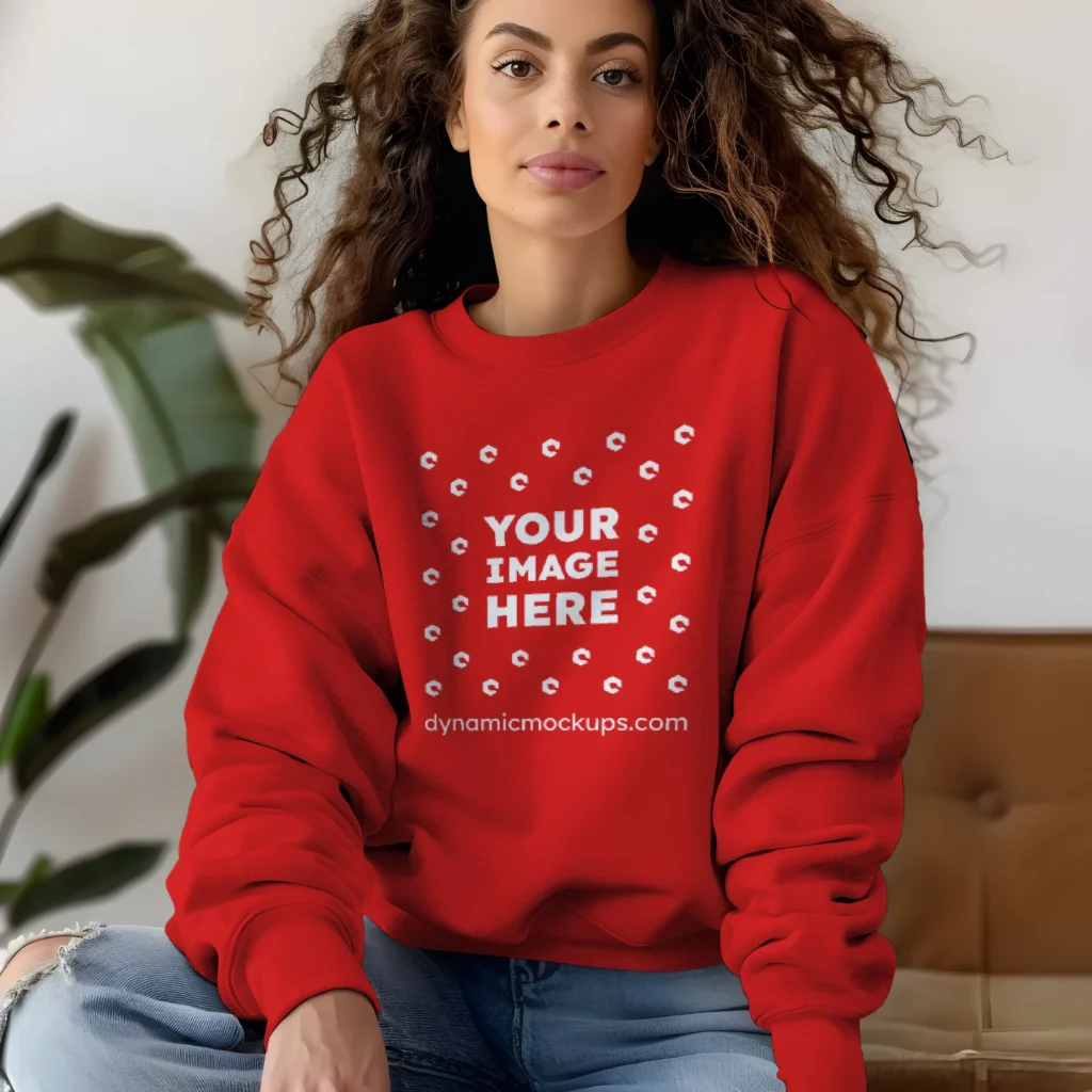 Woman Wearing Red Sweatshirt Mockup Front View Template