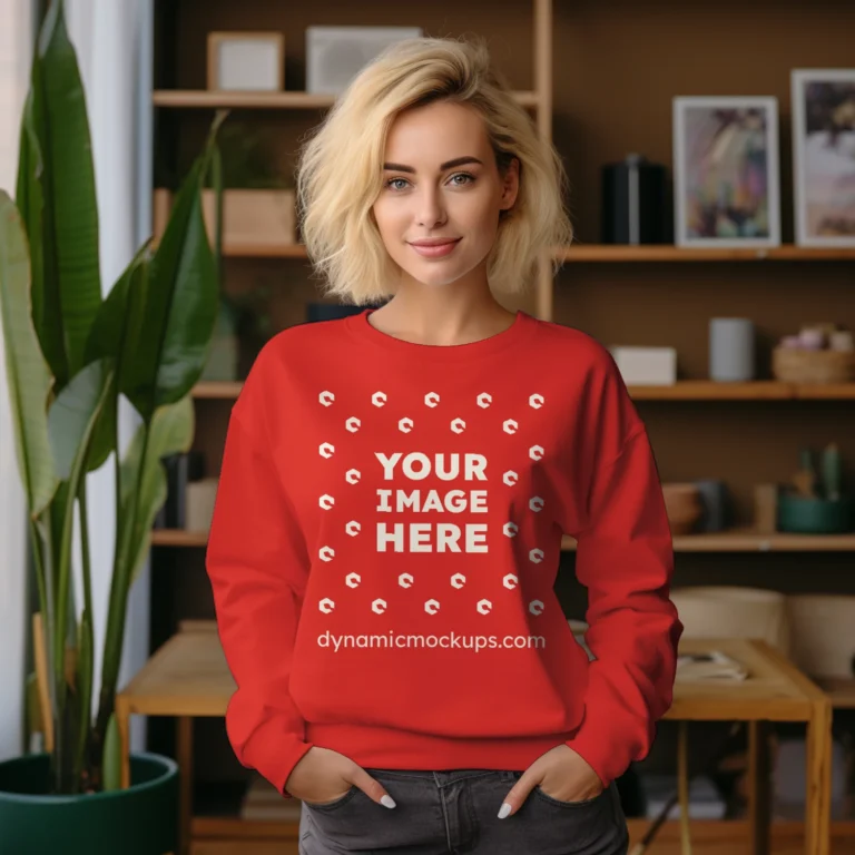 Woman Wearing Red Sweatshirt Mockup Front View Template