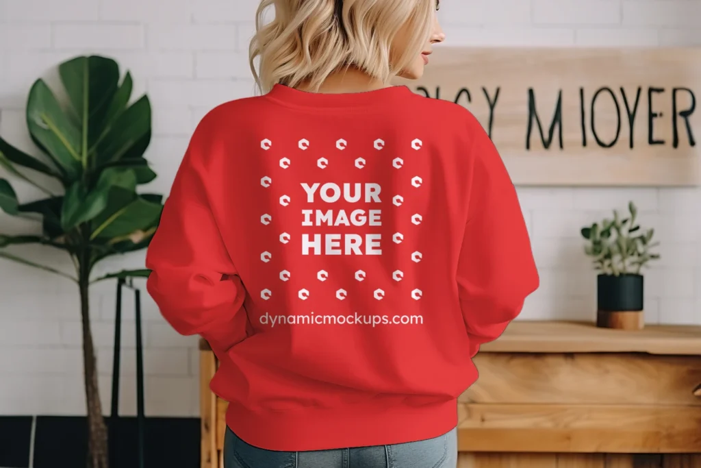 Woman Wearing Red Sweatshirt Mockup Back View Template