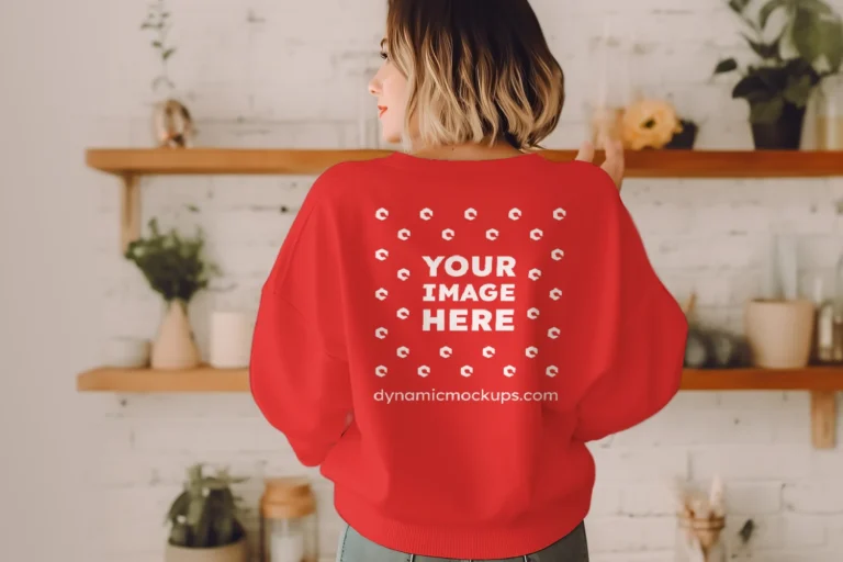 Woman Wearing Red Sweatshirt Mockup Back View Template