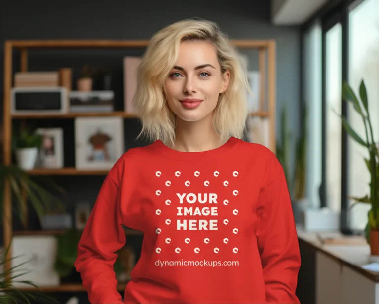 Woman Wearing Red Sweatshirt Mockup Front View Template