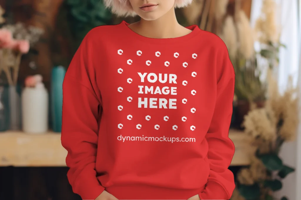 Woman Wearing Red Sweatshirt Mockup Front View Template