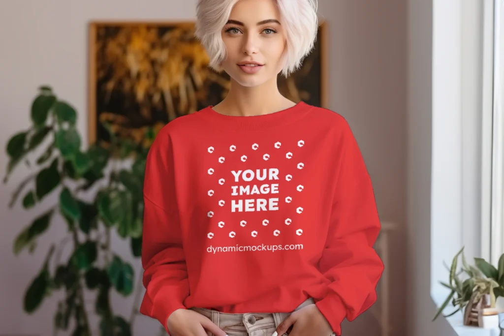 Woman Wearing Red Sweatshirt Mockup Front View Template