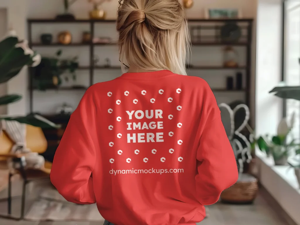 Woman Wearing Red Sweatshirt Mockup Back View Template