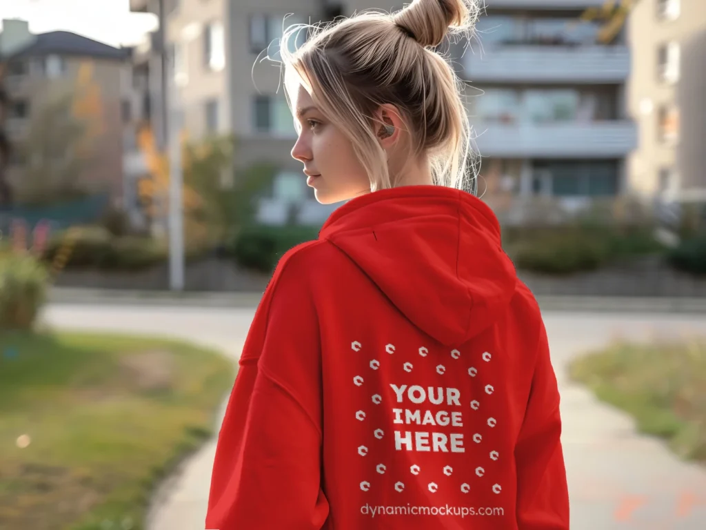 Woman Wearing Red Hoodie Mockup Back View Template