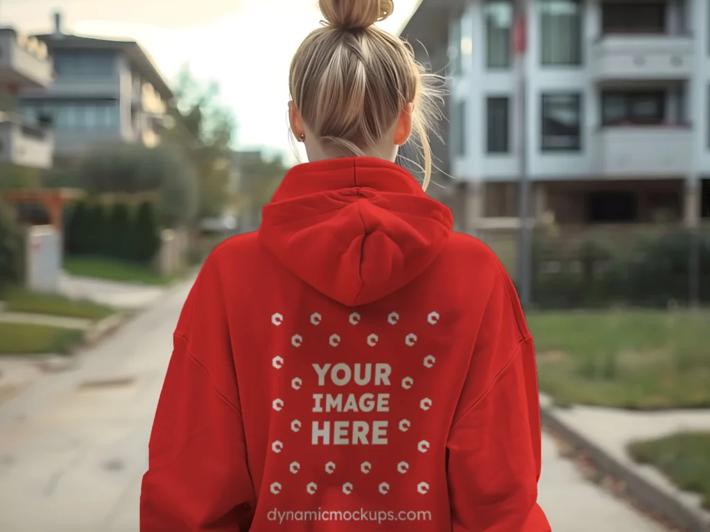 Woman Wearing Red Hoodie Mockup Back View Template