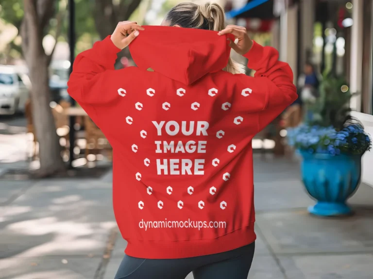 Woman Wearing Red Hoodie Mockup Back View Template