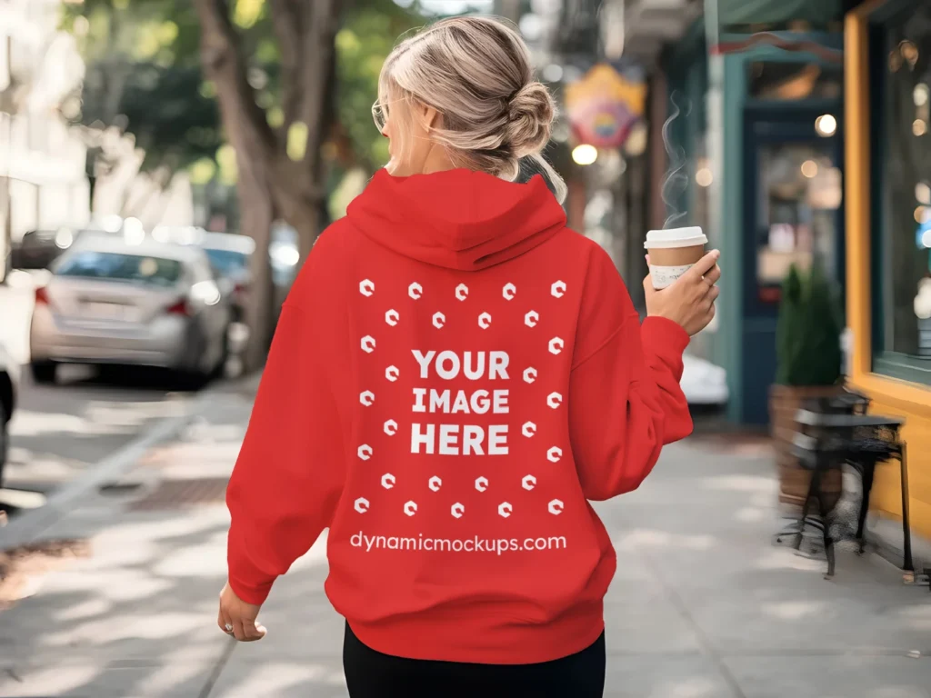 Woman Wearing Red Hoodie Mockup Back View Template