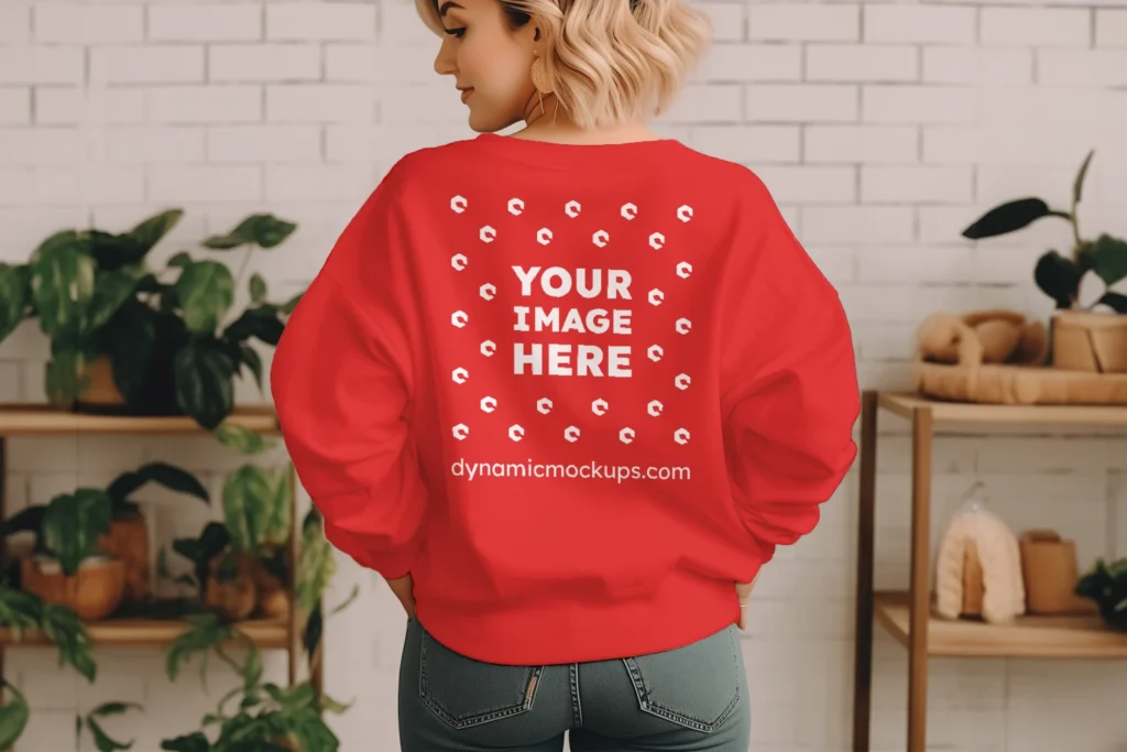 Woman Wearing Red Sweatshirt Mockup Back View Template