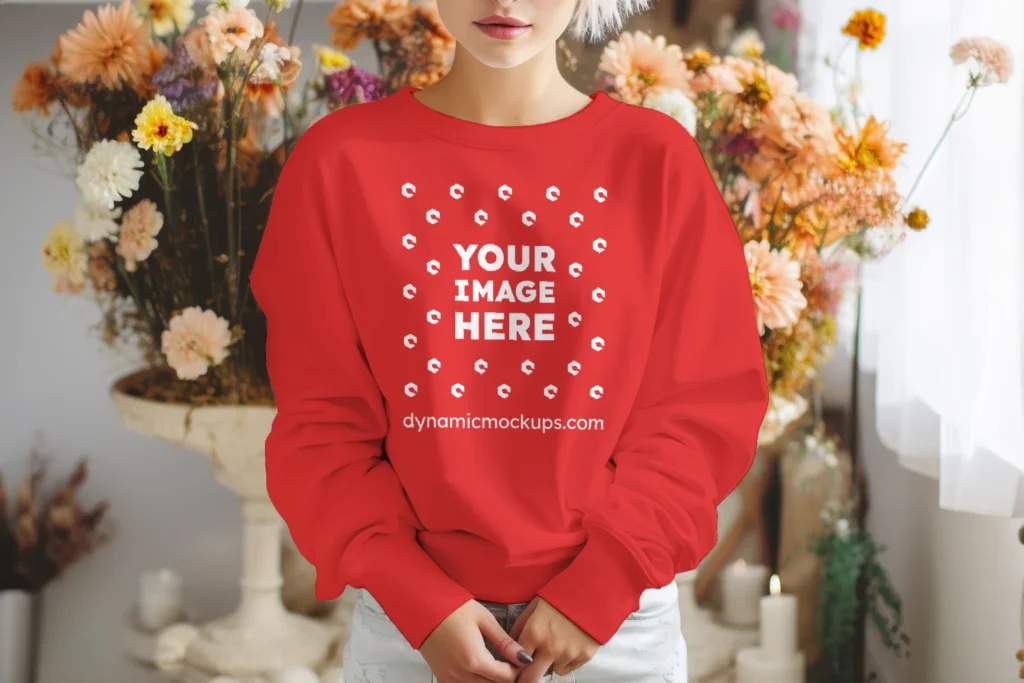 Woman Wearing Red Sweatshirt Mockup Front View Template