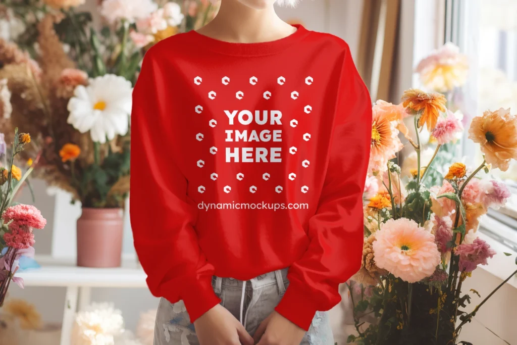 Woman Wearing Red Sweatshirt Mockup Front View Template