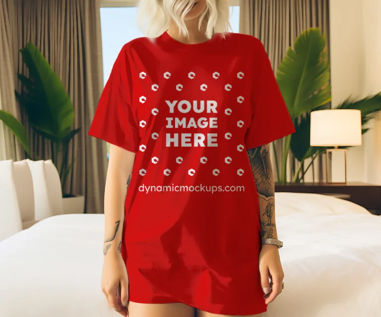 Woman Wearing Red T-shirt Mockup Front View Template