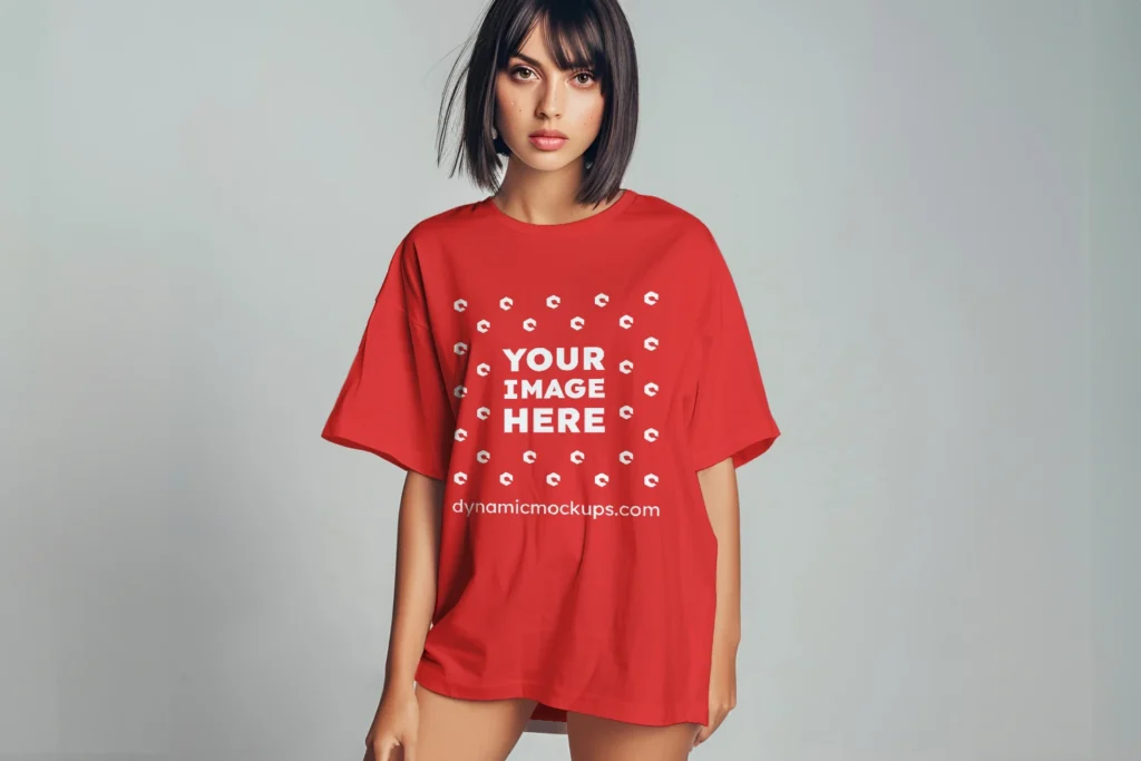 Woman Wearing Red T-shirt Mockup Front View Template