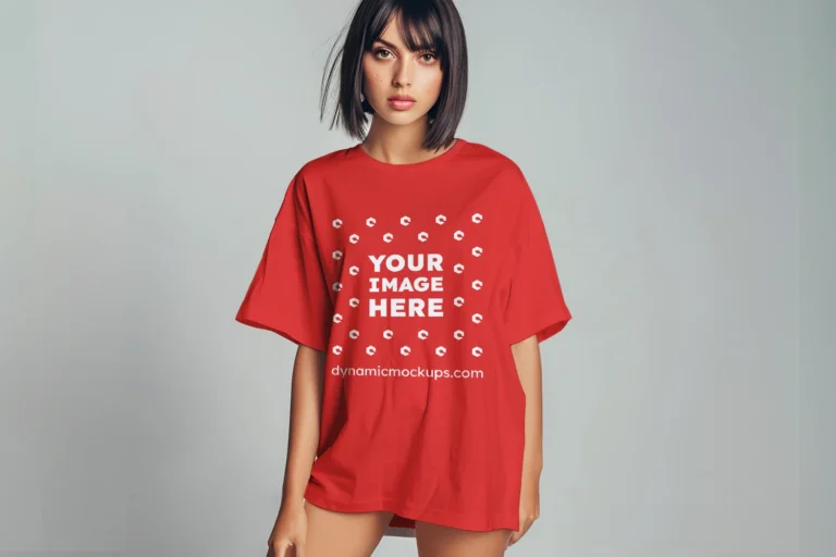 Woman Wearing Red T-shirt Mockup Front View Template