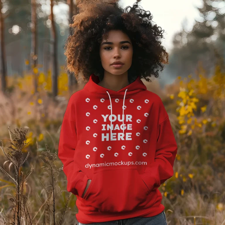 Woman Wearing Red Hoodie Mockup Front View Template