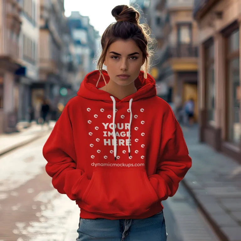 Woman Wearing Red Hoodie Mockup Front View Template