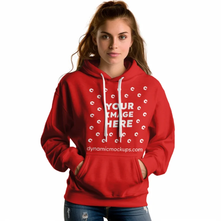 Woman Wearing Red Hoodie Mockup Front View Template