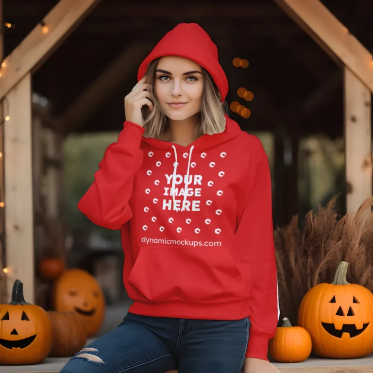 Woman Wearing Red Hoodie Mockup Front View Template