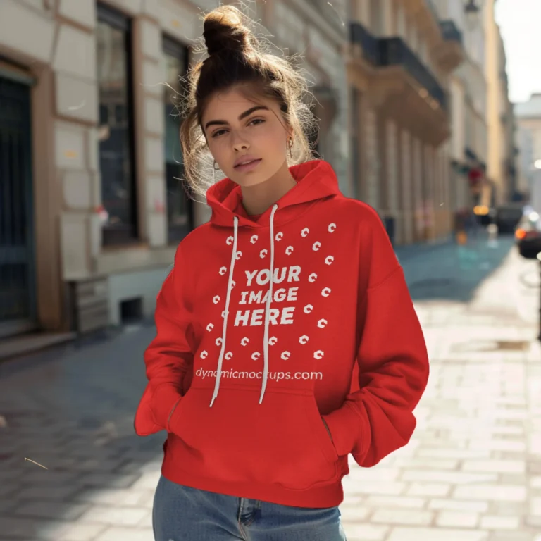 Woman Wearing Red Hoodie Mockup Front View Template