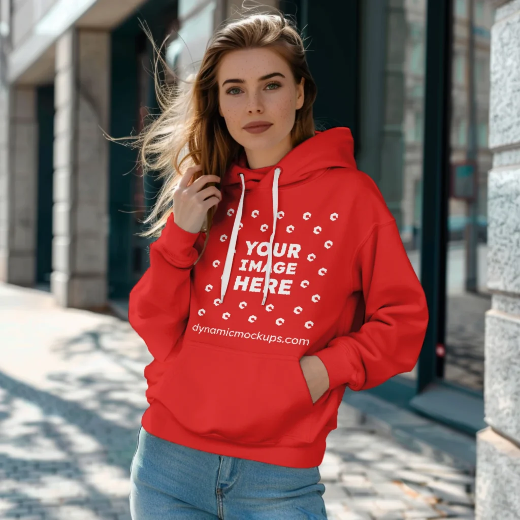 Woman Wearing Red Hoodie Mockup Front View Template