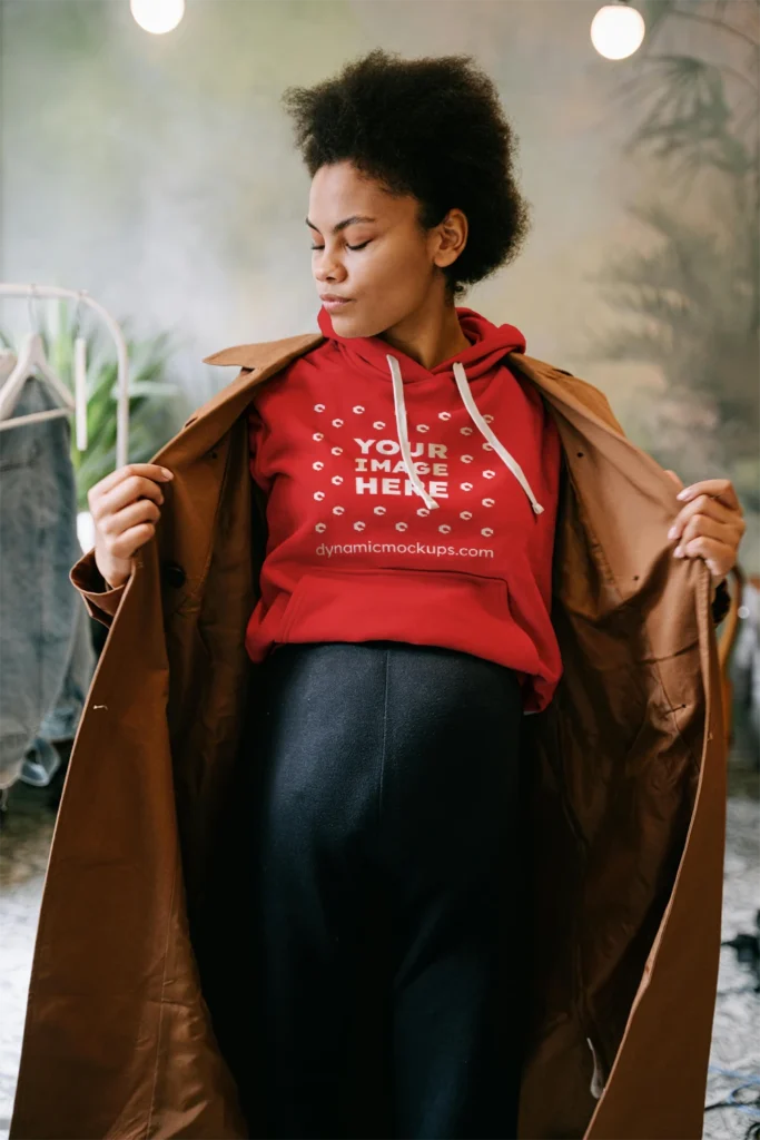 Woman Wearing Red Hoodie Mockup Front View Template