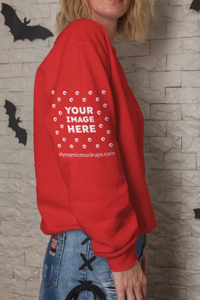 Woman Wearing Red Hoodie Mockup Side View Template