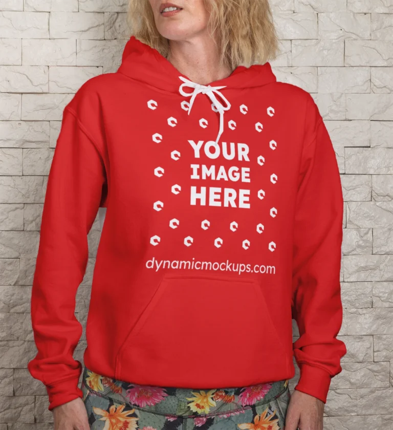 Woman Wearing Red Hoodie Mockup Front View Template